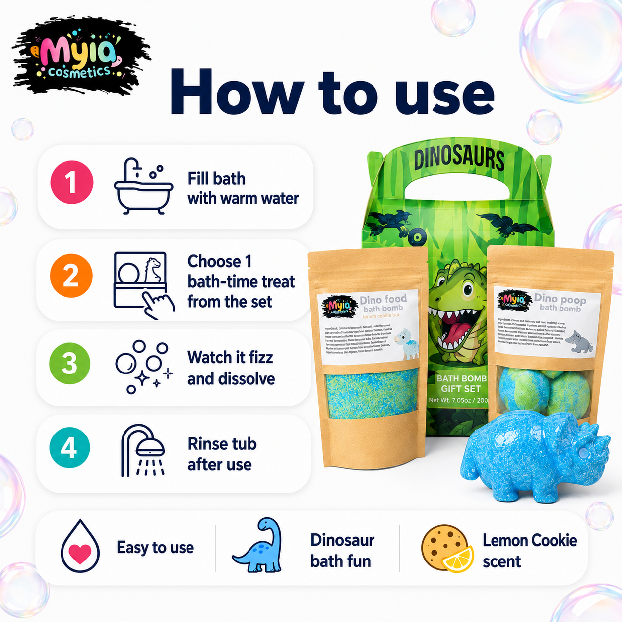 How to use Dino Gift Set, showing how to use the bath bomb, Dino Food and Dino Poo in warm bath water