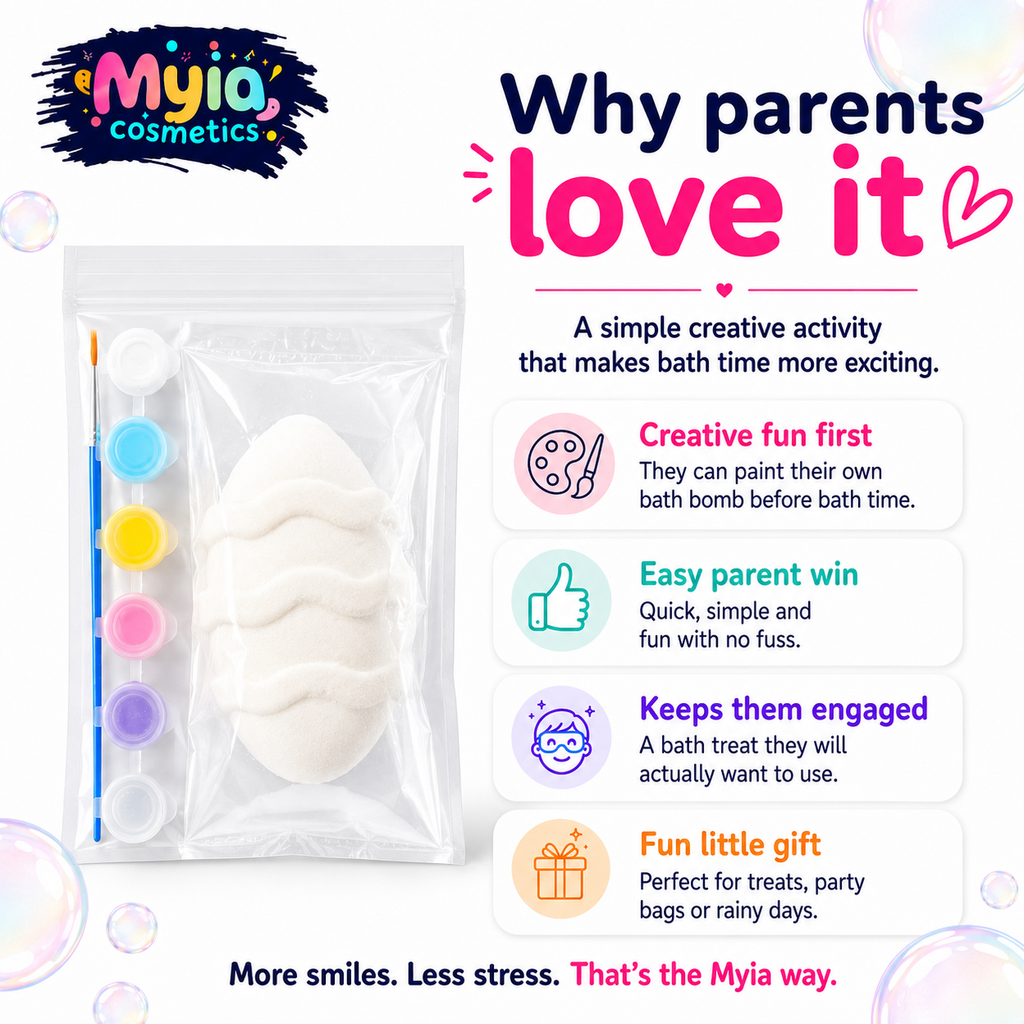 Why parents love Myia Cosmetics Paint Your Own Bath Bomb as a creative bath-time activity for kids