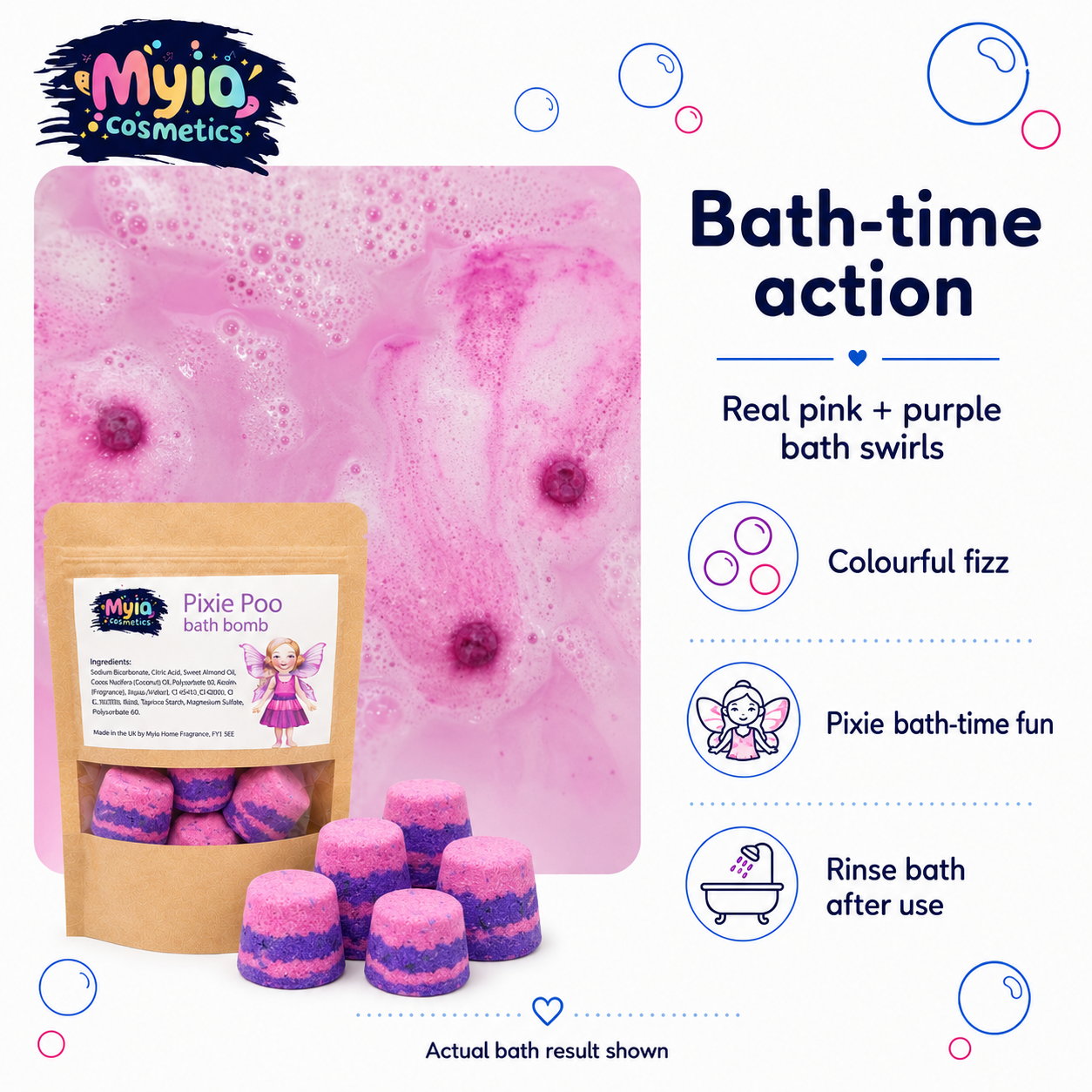 Pixie Poo Mini Bath Bombs fizzing in bath water with pink and purple colour for magical pixie bath-time fun