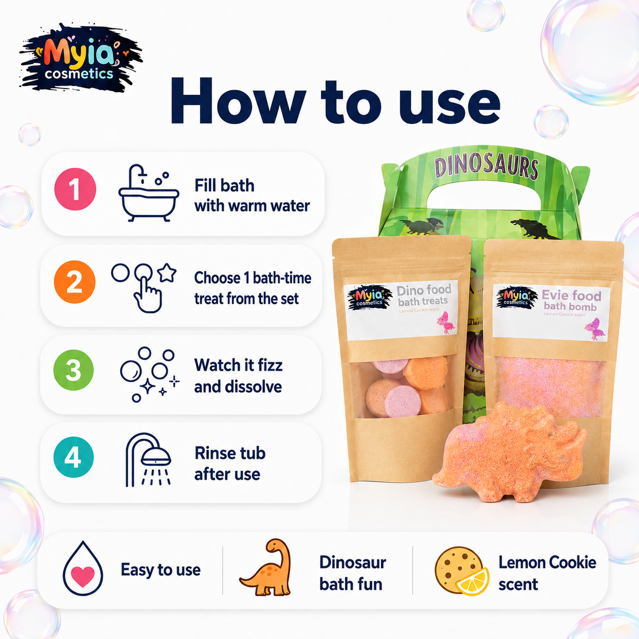 How to use Evie Gift Set, showing how to use the bath bomb, Evie Dino Food and Evie Poo in warm bath water
