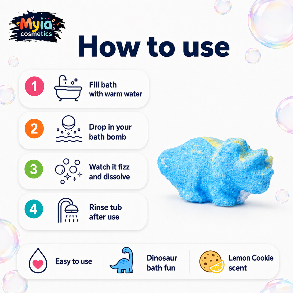 How to use Dino Bath Bomb, showing how to place into warm bath water for fizzy dinosaur bath-time fun