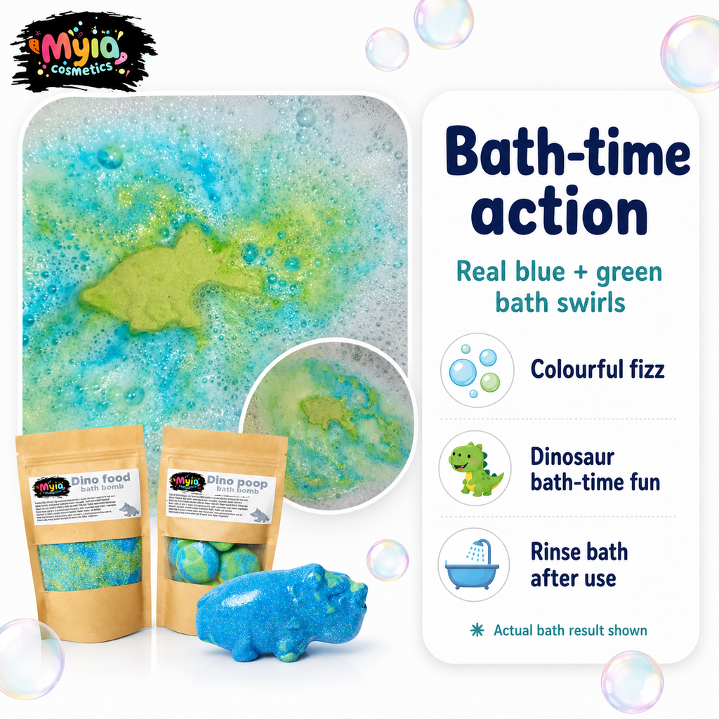 Dino Gift Set bath products fizzing in colourful bath water for dinosaur bath-time fun