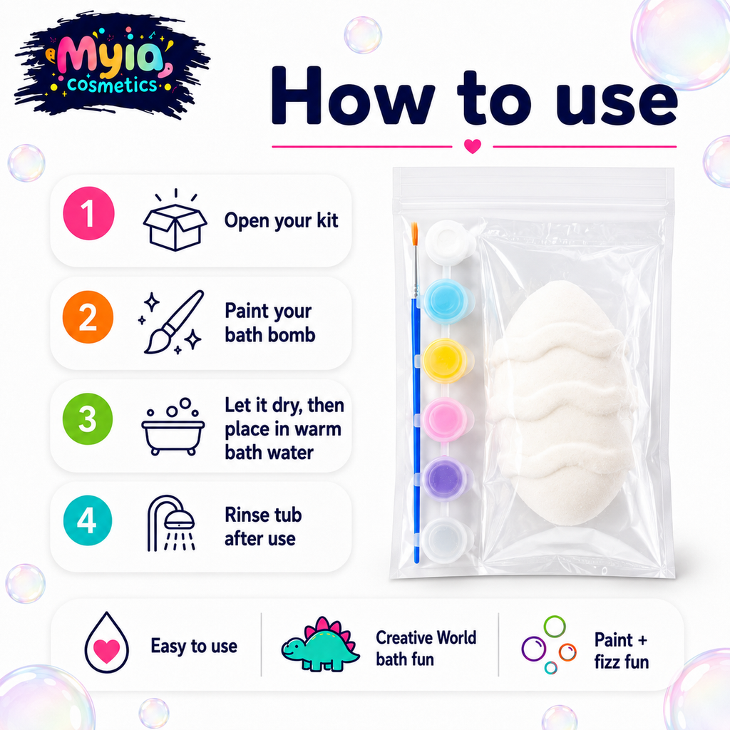 How to use Myia Cosmetics Paint Your Own Bath Bomb kit with four simple steps for bath-time fun