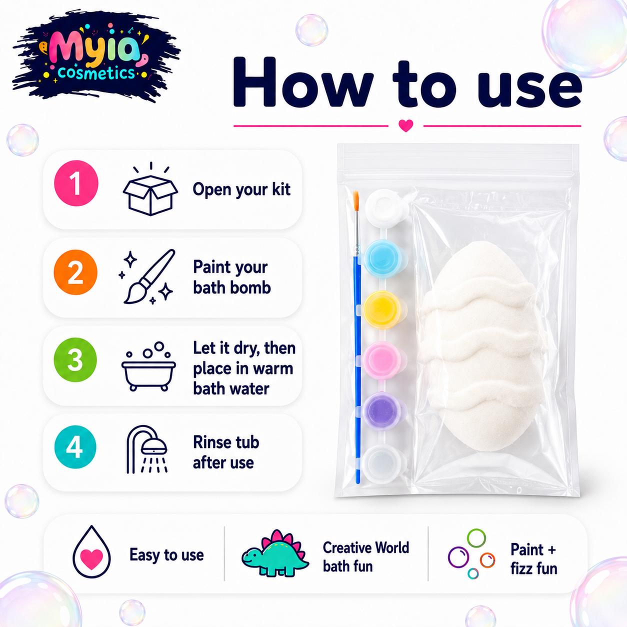 How to use Myia Cosmetics Paint Your Own Bath Bomb kit with four simple steps for bath-time fun