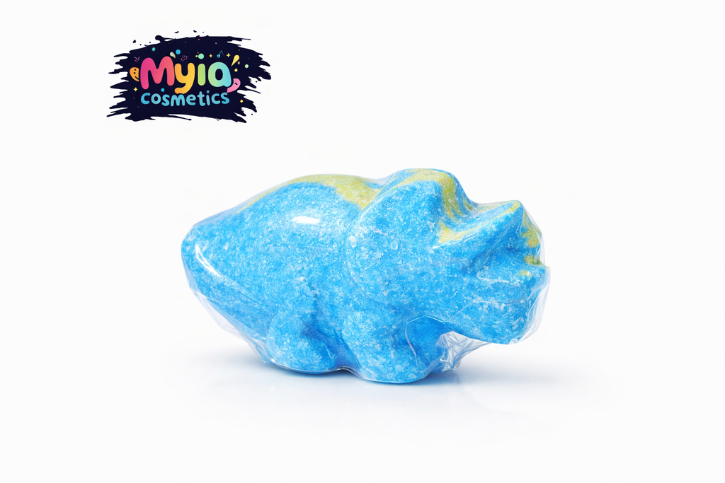 Dino Bath Bomb in green and blue, lemon cookie scented dinosaur bath bomb by Myia Cosmetics