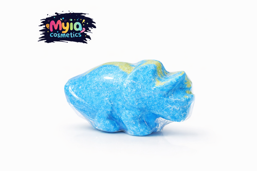 Dino Bath Bomb in green and blue, lemon cookie scented dinosaur bath bomb by Myia Cosmetics