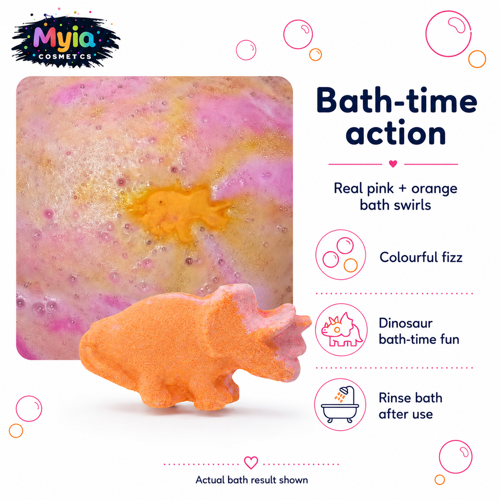 Evie Bath Bomb fizzing in bath water with pink and orange colour for dinosaur bath-time fun