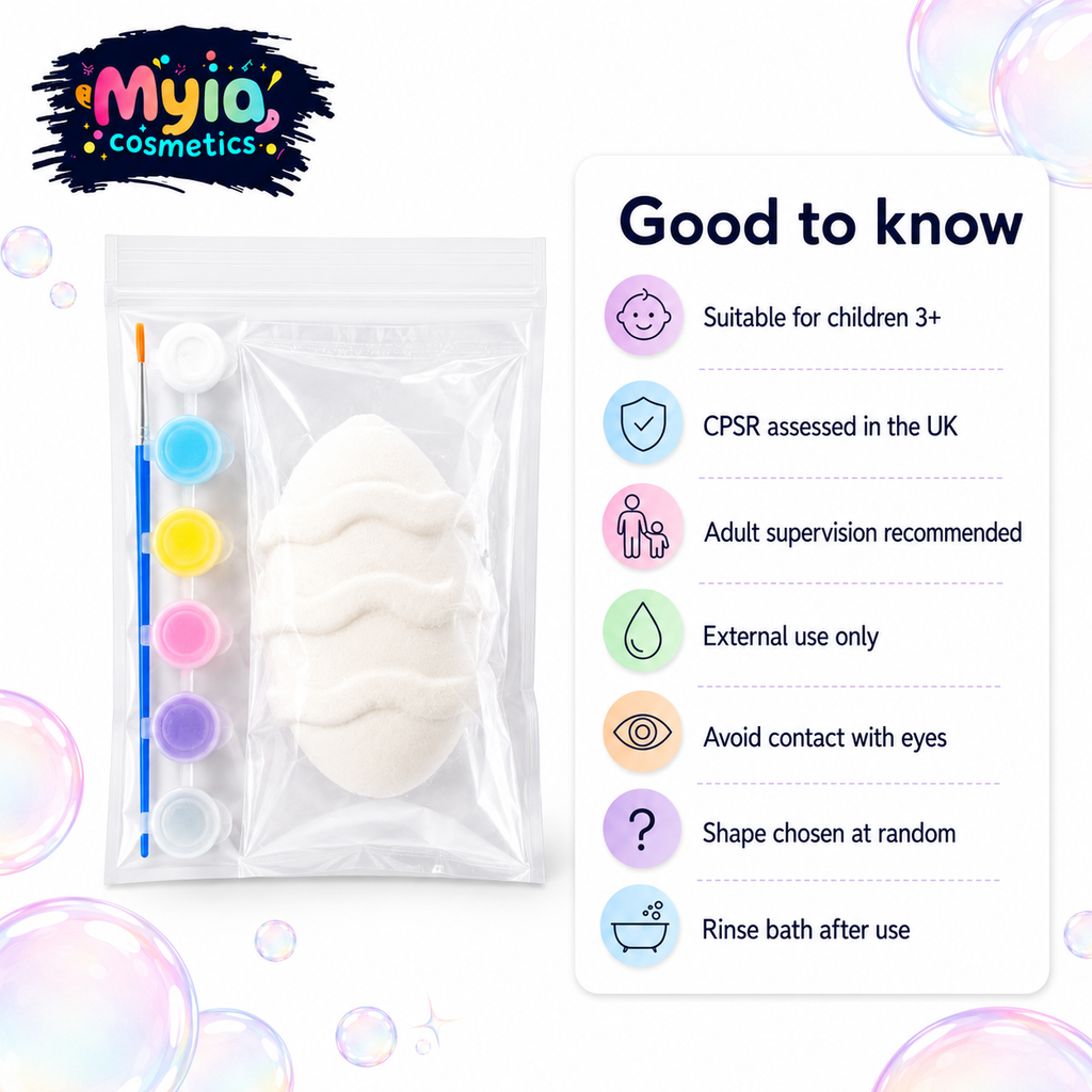 Good to know information for Myia Cosmetics Paint Your Own Bath Bomb including CPSR assessed and suitable for children 3+