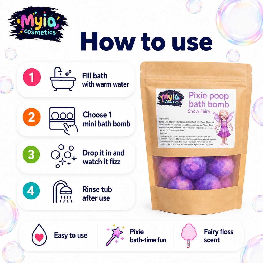 How to use Pixie Poo Mini Bath Bombs, showing how to add the mini bath bombs to warm bath water for magical fizzy bath-time fun