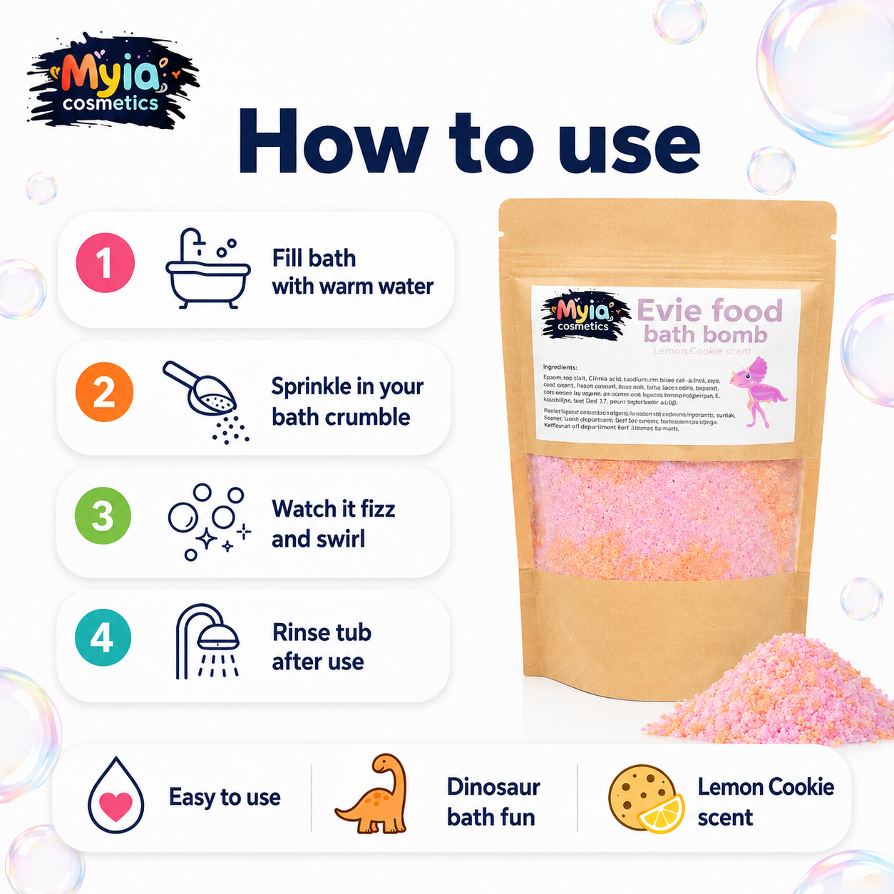 How to use Evie Dino Food Bath Crumble 50g sample, showing how to sprinkle into warm bath water for fizzy dinosaur bath-time fun