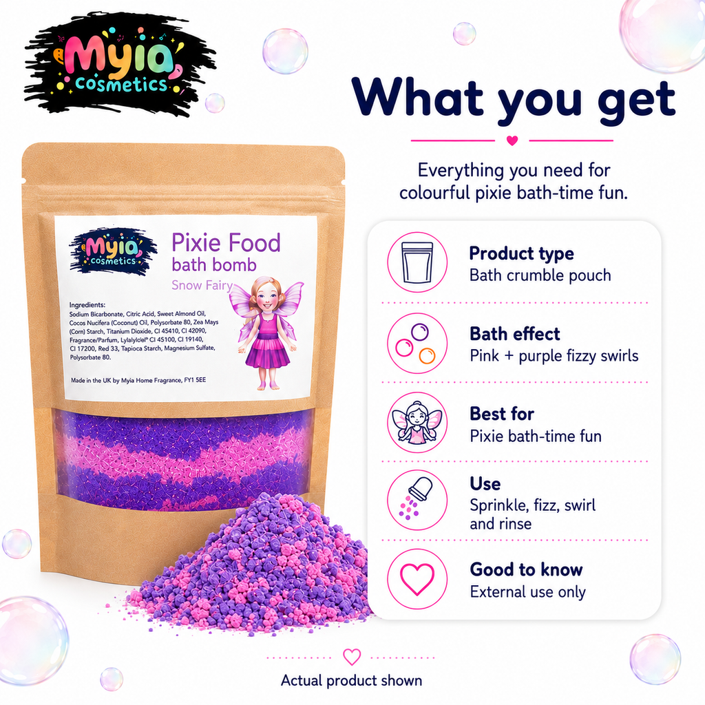 What you get with Pixie Food Bath Crumble, showing the pink and purple bath crumble pouch and magical pixie bath-time features
