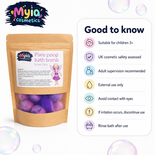 Good to know guide for Pixie Poo Mini Bath Bombs, suitable for children aged 3+ with adult supervision