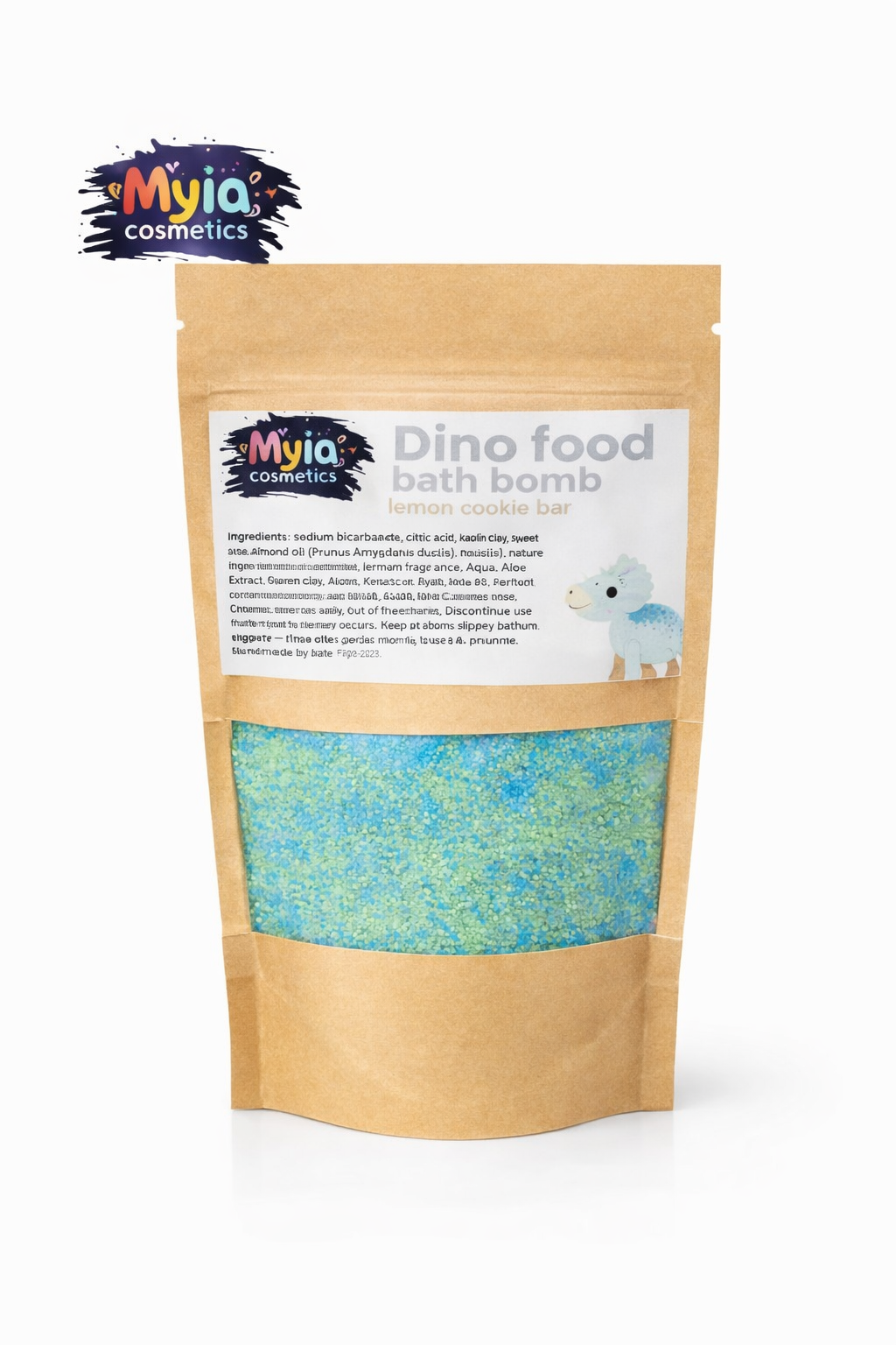 Dino Food Bath Crumble 50g sample in blue and yellow, lemon cookie scented kids bath crumble by Myia Cosmetics