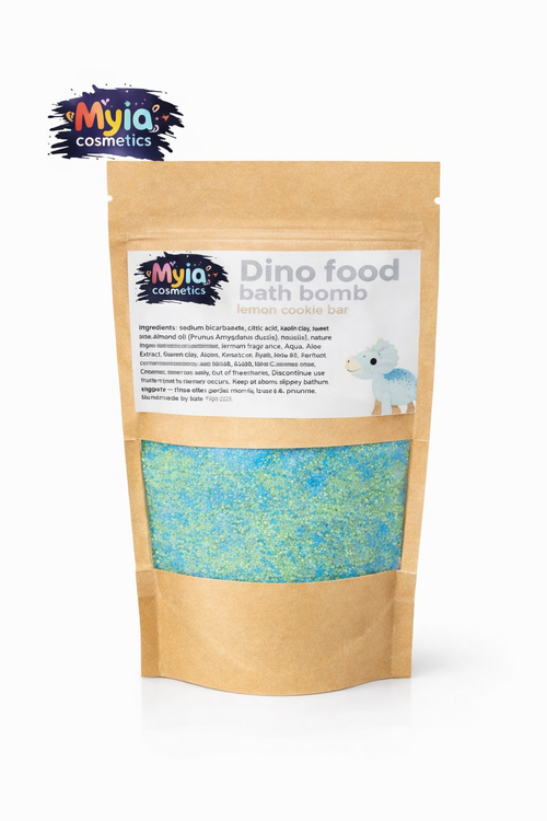 Dino Food Bath Crumble 50g sample in blue and yellow, lemon cookie scented kids bath crumble by Myia Cosmetics