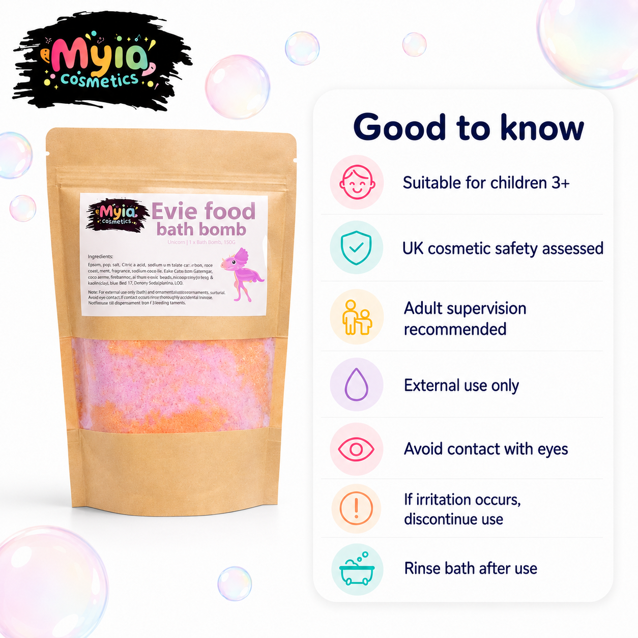 Good to know guide for Evie Dino Food Bath Crumble, suitable for children 3+ with adult supervision