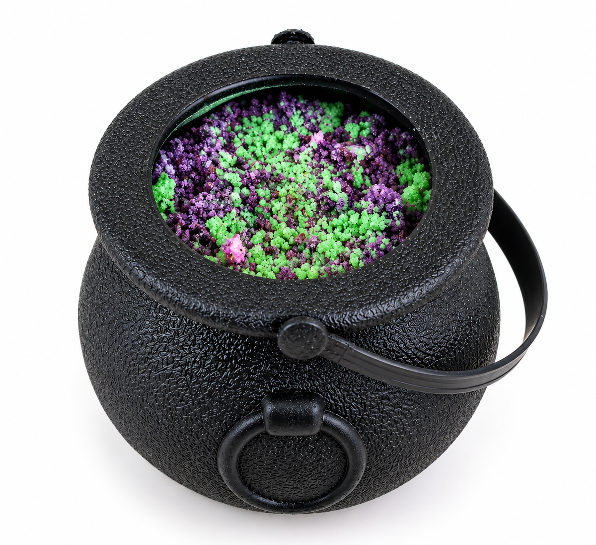 Witch’s Snot reusable black cauldron filled with green and purple bath fizz by Myia Cosmetics