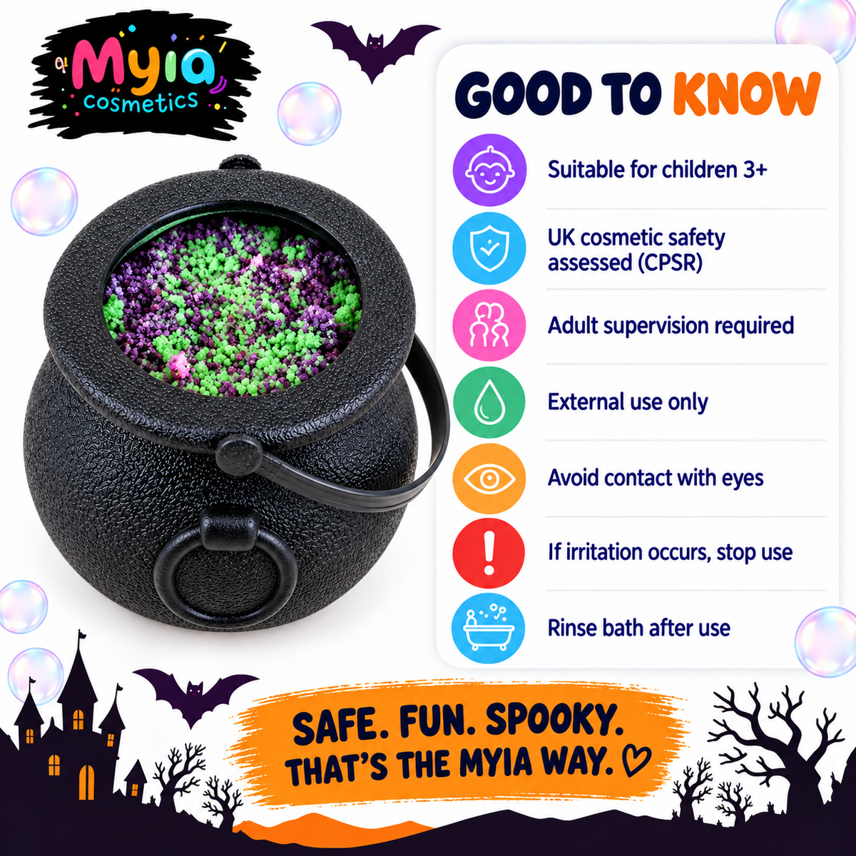 Witch’s Snot reusable bath fizz pot by Myia Cosmetics — age, safety and care guide.